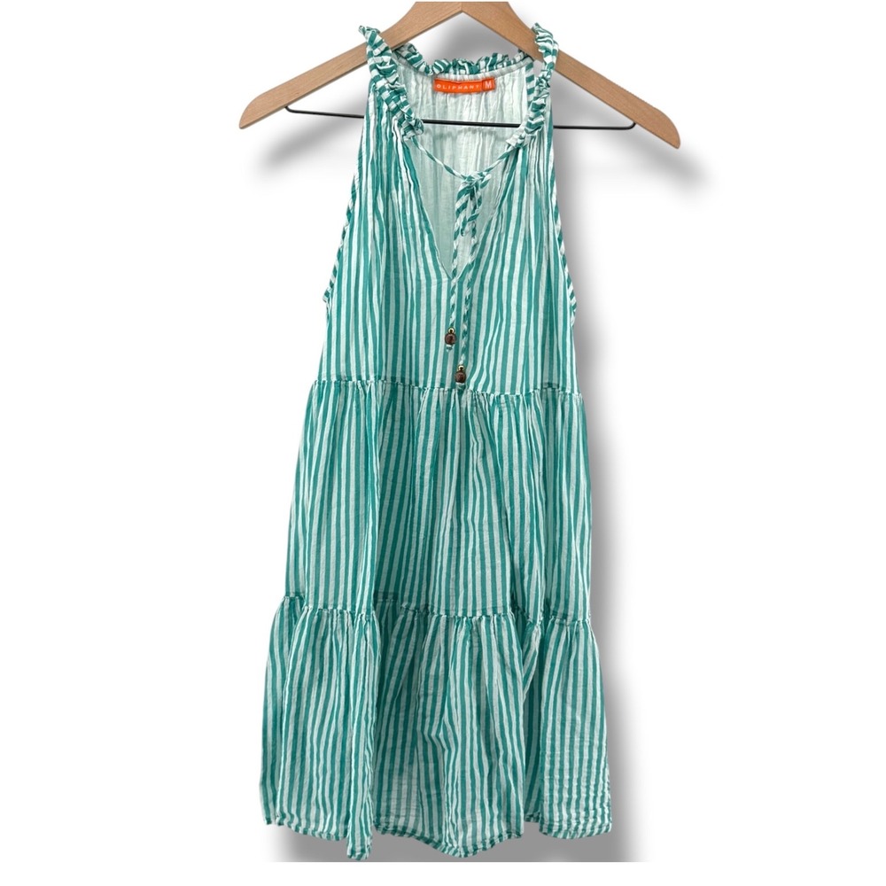 Oliphant Tiered Mini Dress Women Medium Green Striped Cotton Ruffle Coastal